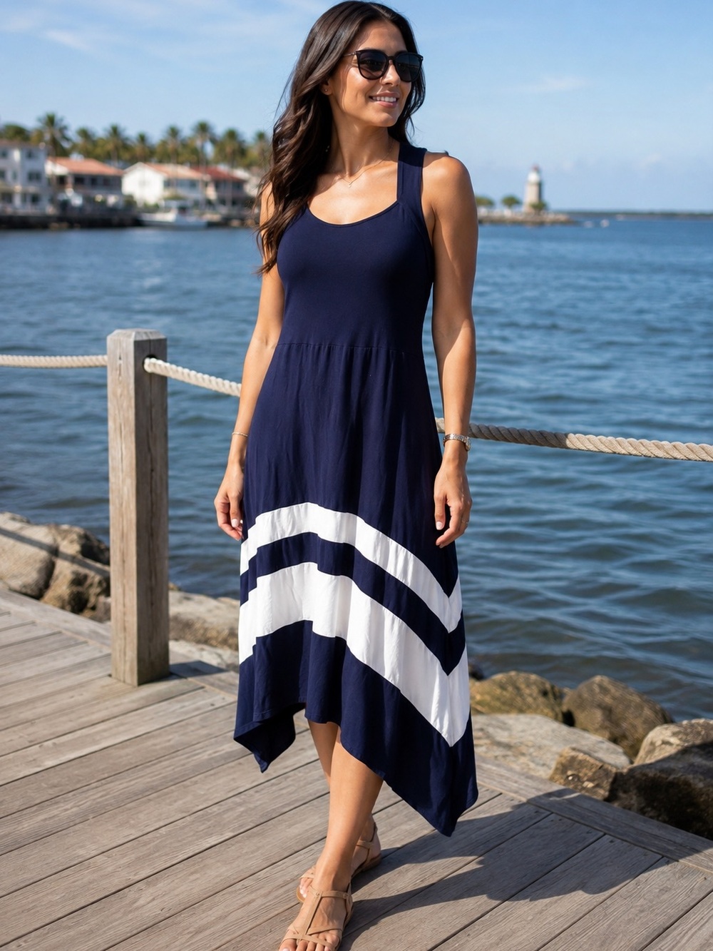 VENUS Navy and White Striped Sleeveless Midi Dress